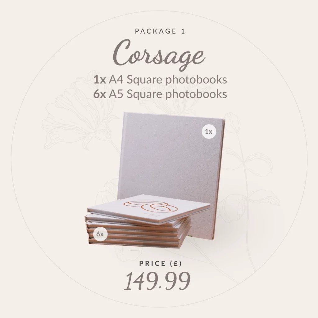 Square showing Corsage package of 1 A4 Photobook and 6 A5 Photobooks
